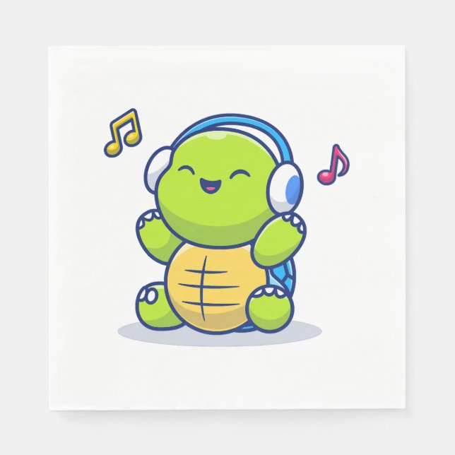 Servilleta De Papel Tortuga Cuta Escuchando Música Con Auriculares (Anverso)