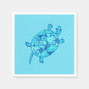 Servilleta De Papel Tortuga giratoria fractal - cobalto y azul turques