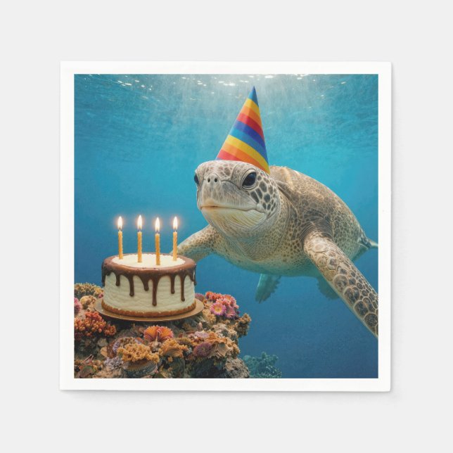 Servilleta De Papel Tortuga marina con pastel de cumpleaños (Anverso)