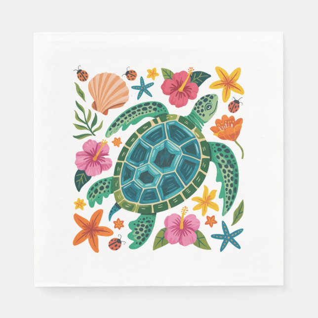 Servilleta De Papel Tortuga marina floral de Boho (Anverso)
