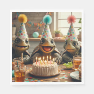 Servilleta De Papel Tortugas celebrando cumpleaños con pastel y sombre