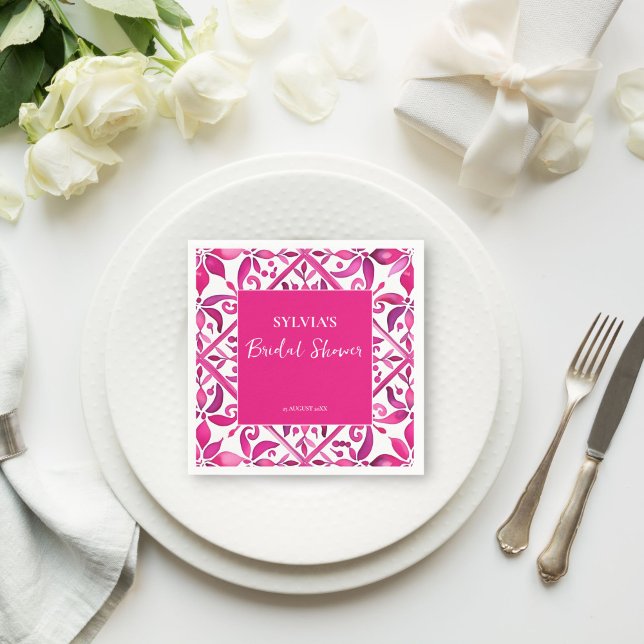 Servilleta De Papel Toscas rosadas regaderazo español mexicano para fi (Bold pink Spanish talavera vintage Mexican bridal shower monogram printed  Napkins personalized deco)