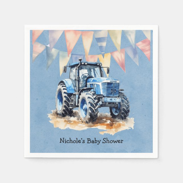Servilleta De Papel Tractor de agua azul Baby Shower (Anverso)