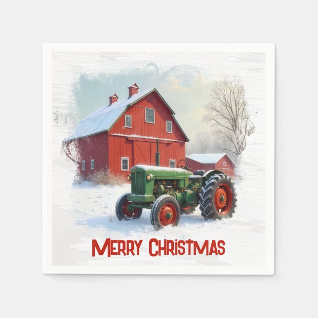 Servilleta De Papel Tractor de granja de Navidad y granero rojo (Anverso)