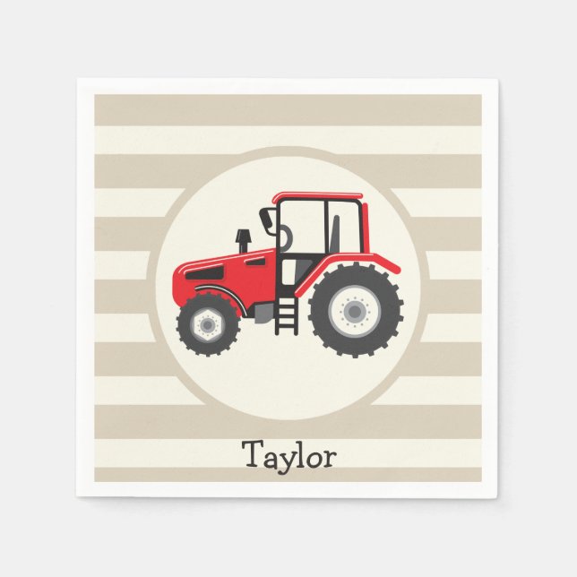 Servilleta De Papel Tractor de granjas rojas en franjas de Tan (Anverso)