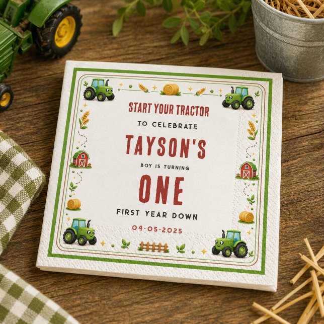 Servilleta De Papel Tractor Verde Rústico de la Granja Primer Año Abaj (Rustic Green Tractor Farm First Year Down One Paper napkins
)