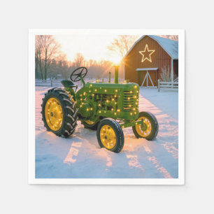 Servilleta De Papel Tractor verde vintage de Navidad con granero rojo