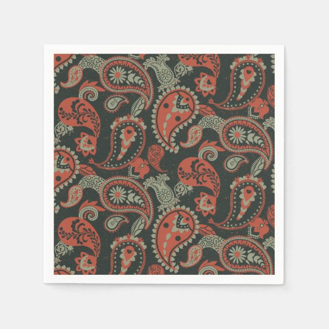 Servilleta De Papel Tradicional Paisley Linocut Naranja cálido Mint Gr (Anverso)