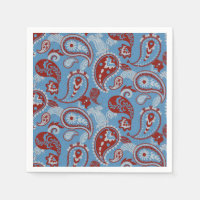 Tradicional Paisley Linocut Rojo Azul Blanco