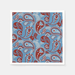 Servilleta De Papel Tradicional Paisley Linocut Rojo Azul Blanco