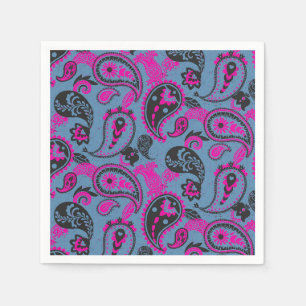 Servilleta De Papel Tradicional Paisley Linocut Vivid Pink Dusky Blue