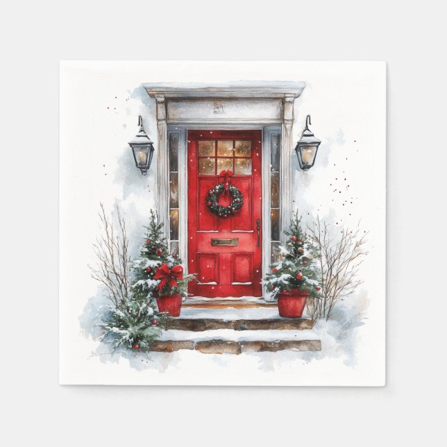 Servilleta De Papel Traditional Christmas Holiday Welcome Red Door (Anverso)