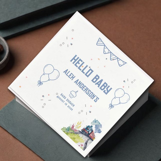 Servilleta De Papel Train Blue Balloons Boy Whimsical Baby Shower (Subido por el creador)