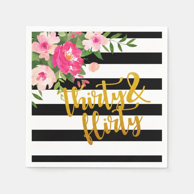 Servilleta De Papel Treinta y cuchara de flores - franjas blancas/negr (Anverso)