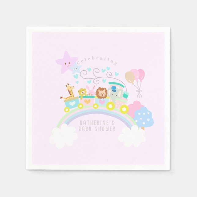 Servilleta De Papel Tren animales Pastel rosa bebé (Anverso)