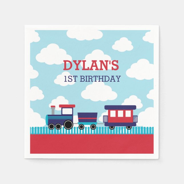 Servilleta De Papel Tren Napkins (Marina y Rojo) - Niños Cumpleaños (Anverso)