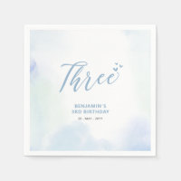 Tres | Corazones Azules y Niño Acuarela 3er Cumple