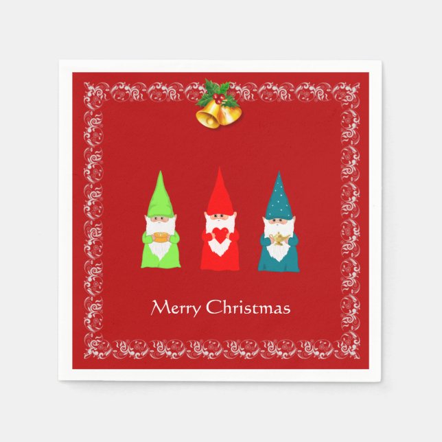 Servilleta De Papel Tres Gnomos de Navidad en Rojo (Anverso)