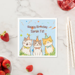Servilleta De Papel Trío Adorable de Gatos de Cumpleaños Nombre y Ed
