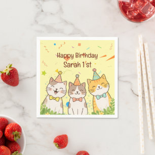 Servilleta De Papel Trío Adorable de Gatos de Cumpleaños   Nombre y Ed