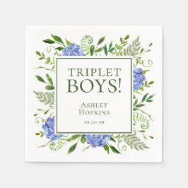 Servilleta De Papel Triplet Boys Blue Hydrangeas Baby Shower