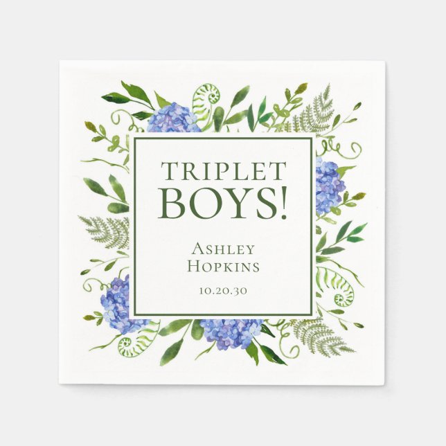 Servilleta De Papel Triplet Boys Blue Hydrangeas Baby Shower (Anverso)