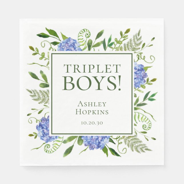 Servilleta De Papel Triplet Boys Blue Hydrangeas Baby Shower (Anverso)