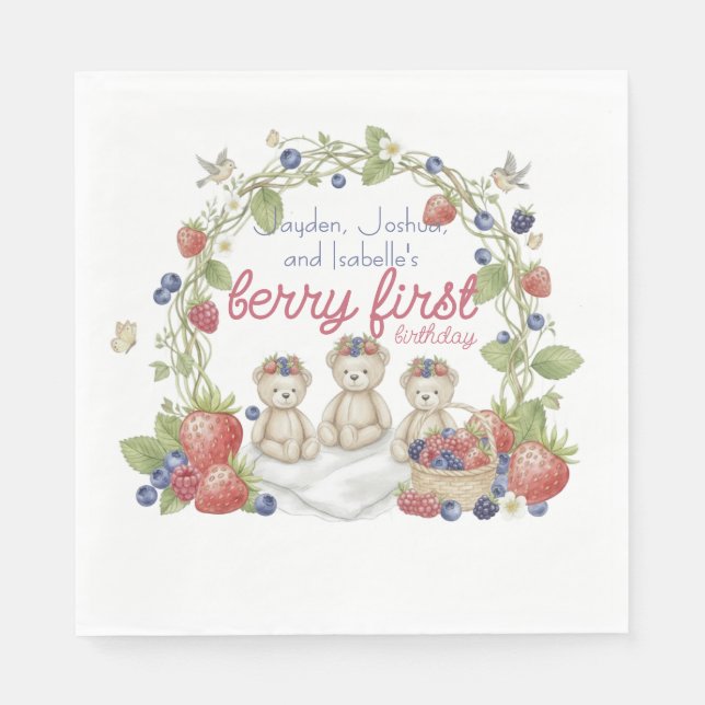Servilleta De Papel Triplets Berry First Birthday Party (Anverso)