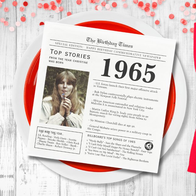 Servilleta De Papel Trivia de cumpleaños de periódico de 1965 (White napkin with world news fun facts from 1965 in a newspaper design, unique personal party decor)