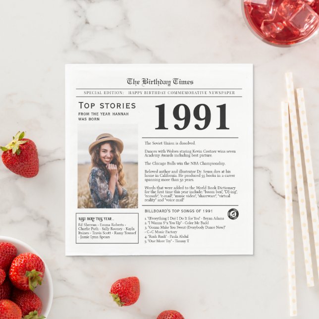 Servilleta De Papel Trivia de cumpleaños de periódico de 1991 (In situ)