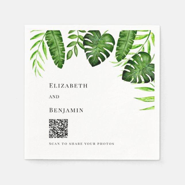 Servilleta De Papel Tropical Greenery Wedding QR Code Photo Share (Anverso)