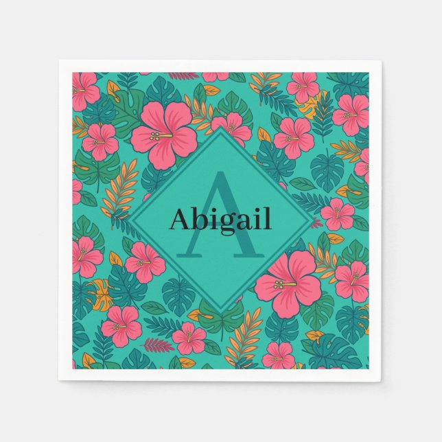 Servilleta De Papel Tropical Hibiscus and Palm Leaf Pattern  (Anverso)
