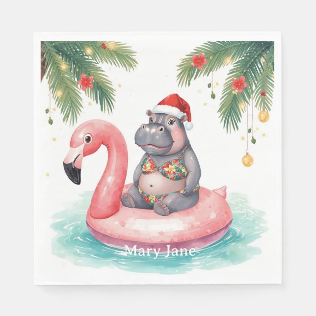 Servilleta De Papel Tropical Hippo Christmas Pool Party   (Anverso)