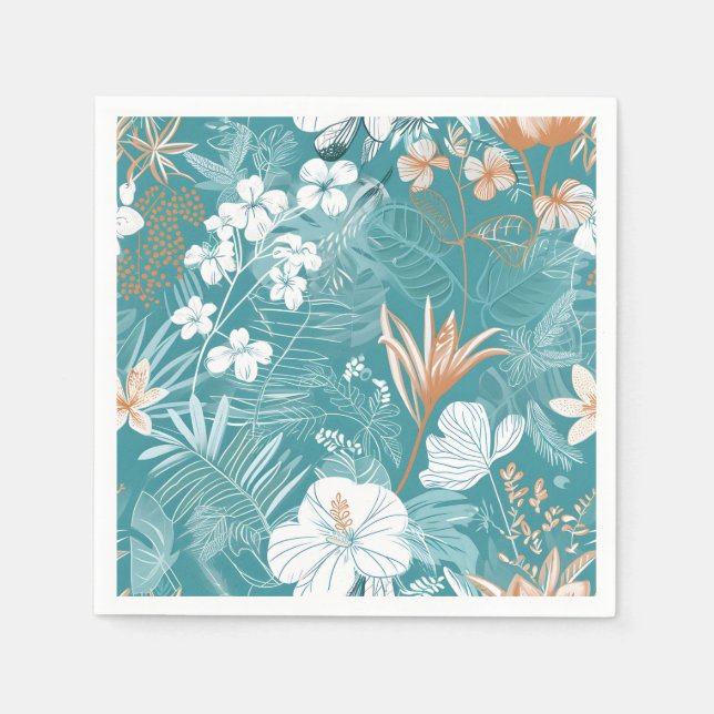 Servilleta De Papel Tropical Turquoise & Terracotta Hibiscus Floral  (Anverso)