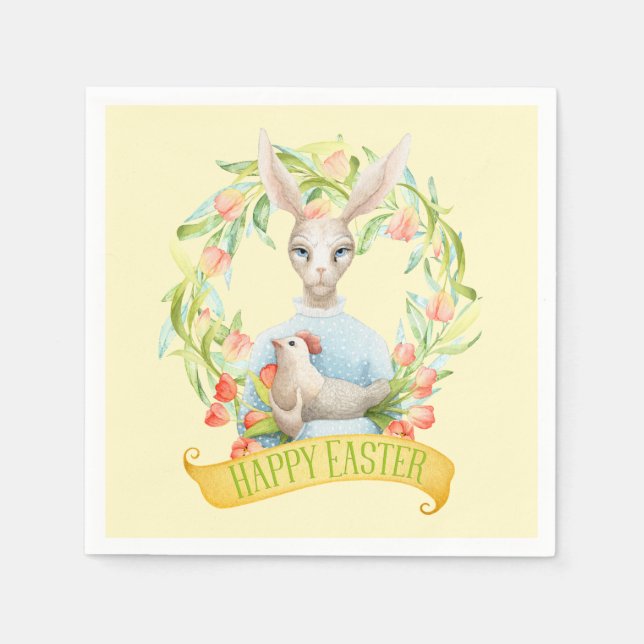 Servilleta De Papel Tulip Wreath and Rabbit Happy Easter (Anverso)