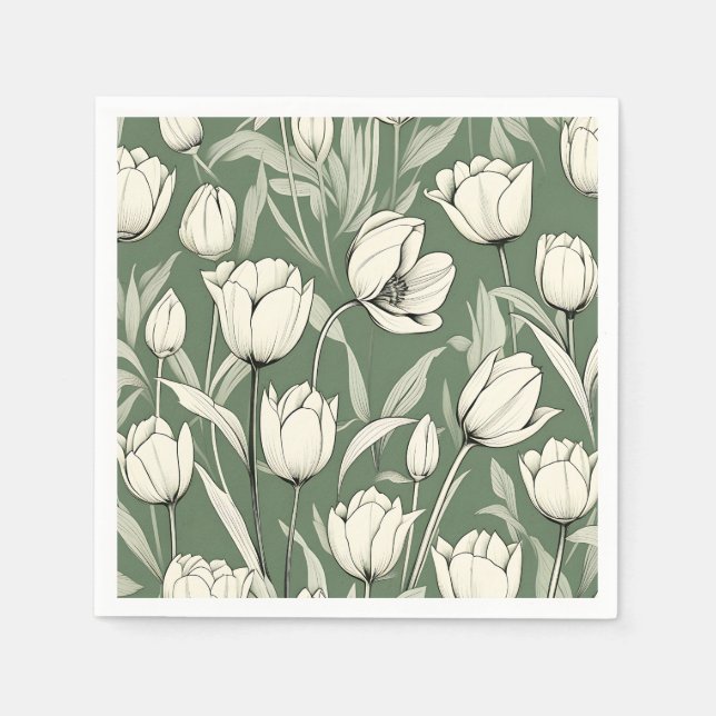 Servilleta De Papel Tulipán Botánico Sobre Verde Sage (Anverso)