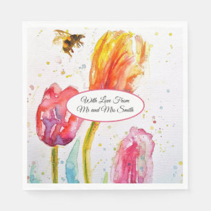Servilleta De Papel Tulipán Rosa Rojo y Abeja Pintura Acuarela Boda