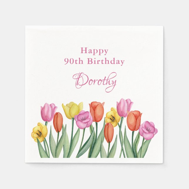 Servilleta De Papel Tulipanes Acuarela Fiesta Cumpleaños 90 (Anverso)