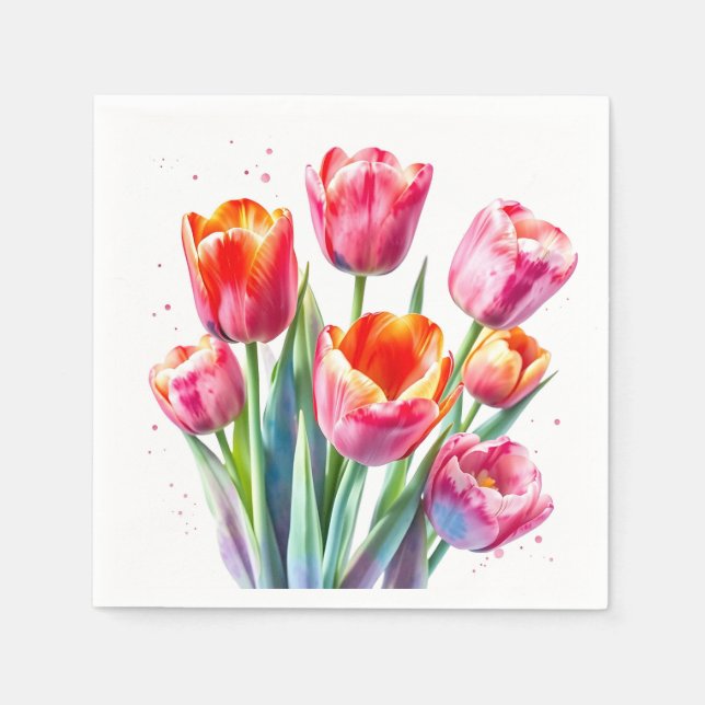 Servilleta De Papel Tulipanes acuarelas con bordes blancos (Anverso)