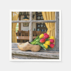Servilleta De Papel Tulipanes de primavera en un zapato de madera hola