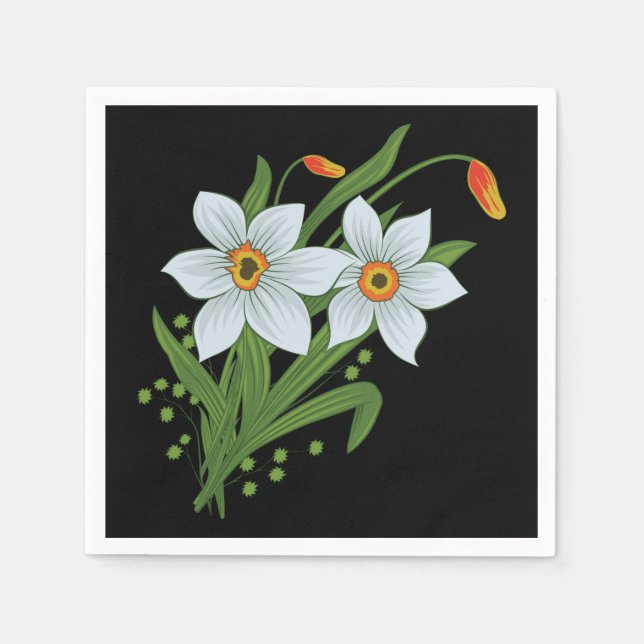 Servilleta De Papel Tulipanes y Narcisos Flores Fondo Negro (Anverso)