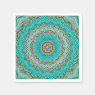 Servilleta De Papel Turquesa, beige y circular. Mandala.