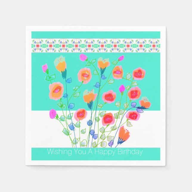 Servilleta De Papel Turquesa Luminosa Y Floral Colorida (Anverso)