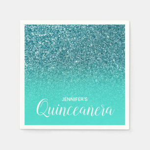 Servilleta De Papel Turquesa y Glitter Verde Azulado Ombre Quinceañera