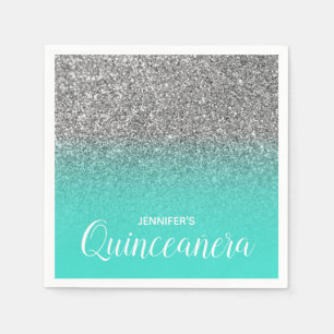 Servilleta De Papel Turquesa y Plata Brillo Ombre Quinceañera