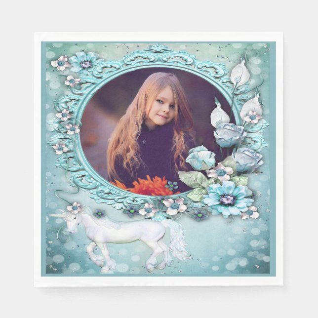 Servilleta De Papel Turquoise Floral Unicorn Foto Cumpleaños (Anverso)