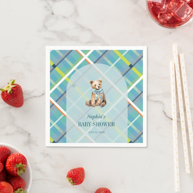 Servilleta De Papel Turquoise Plaid Teddy Bear Boy Baby Shower (In situ)