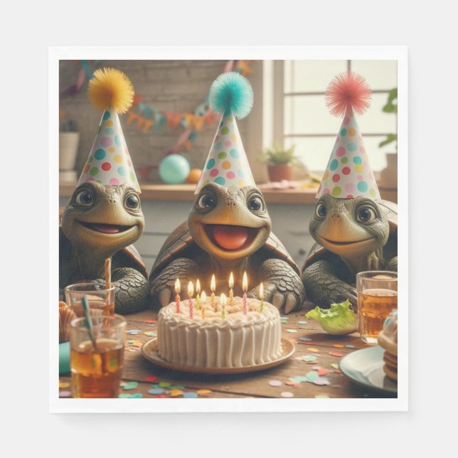 Servilleta De Papel Turtles celebrating birthday with cake and hats  (Anverso)