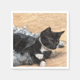 Servilleta De Papel Tuxedo Kitten Tinsel y Luces Paintería
