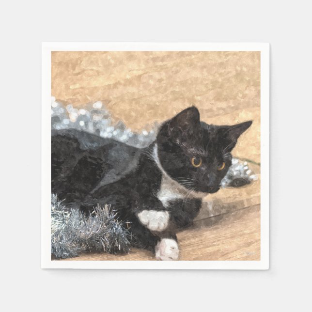 Servilleta De Papel Tuxedo Kitten Tinsel y Luces Paintería (Anverso)